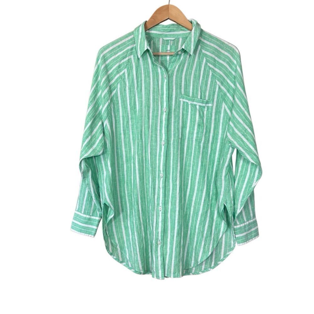 Aerie linen blend coverup shirt button down celebrity green stripes XS - Picture 5 of 13